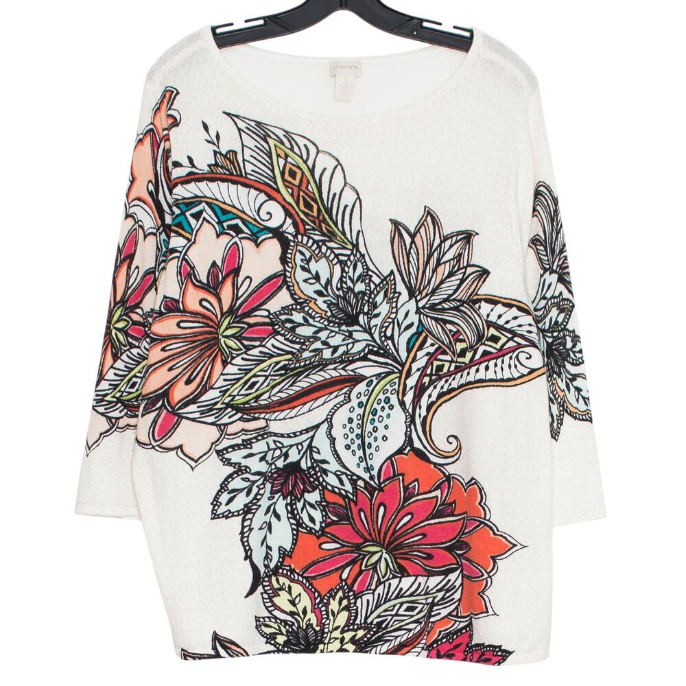 Chicos Floral Abstract Sweater Artsy Boho Statement Eclectic 3 XL 16 3/4 Sleeve